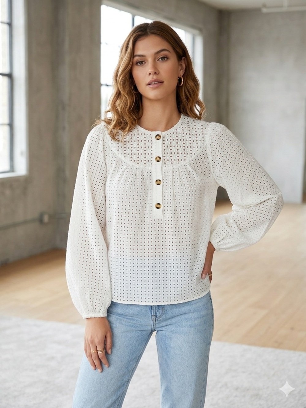 Zara Cream Eyelet Button-Front Peasant Blouse